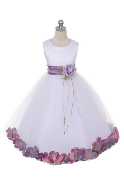 *RESTOCKED* White Satin Flower Petal Girls Plus Size Dress with Organza Sash