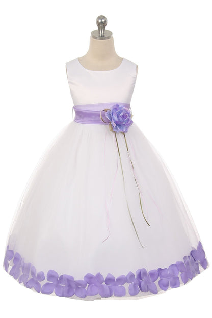 *RESTOCKED* White Satin Flower Petal Girls Plus Size Dress with Organza Sash