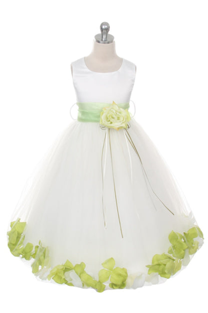 *RESTOCKED* White Satin Flower Petal Girls Plus Size Dress with Organza Sash