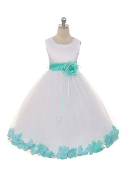 *RESTOCKED* White Satin Flower Petal Girls Plus Size Dress with Organza Sash