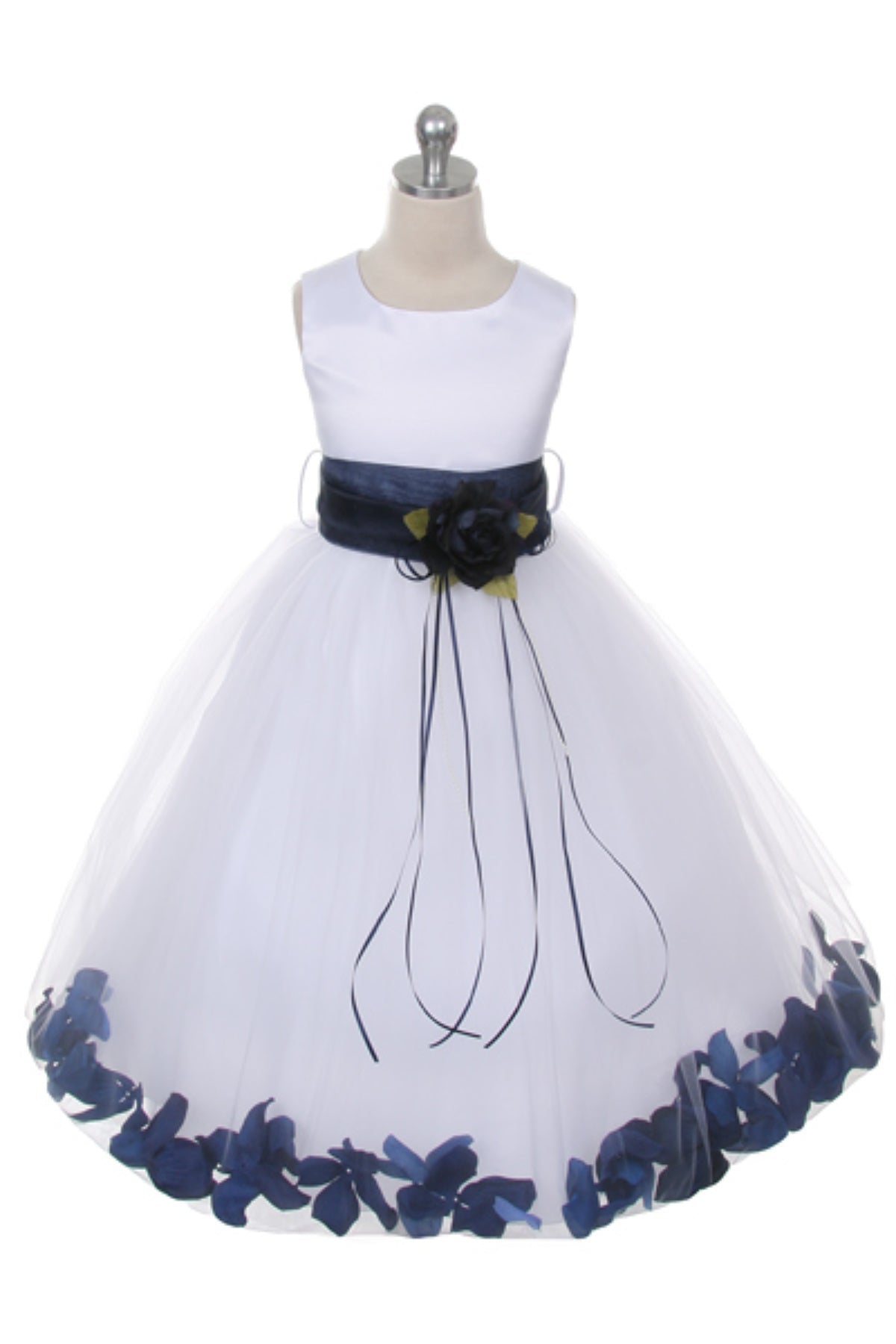 White Satin Flower Petal Girls Plus Size Dress with Organza Sash