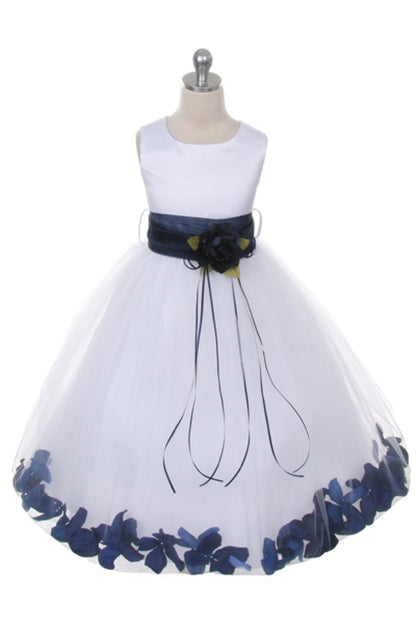 *RESTOCKED* White Satin Flower Petal Girls Plus Size Dress with Organza Sash