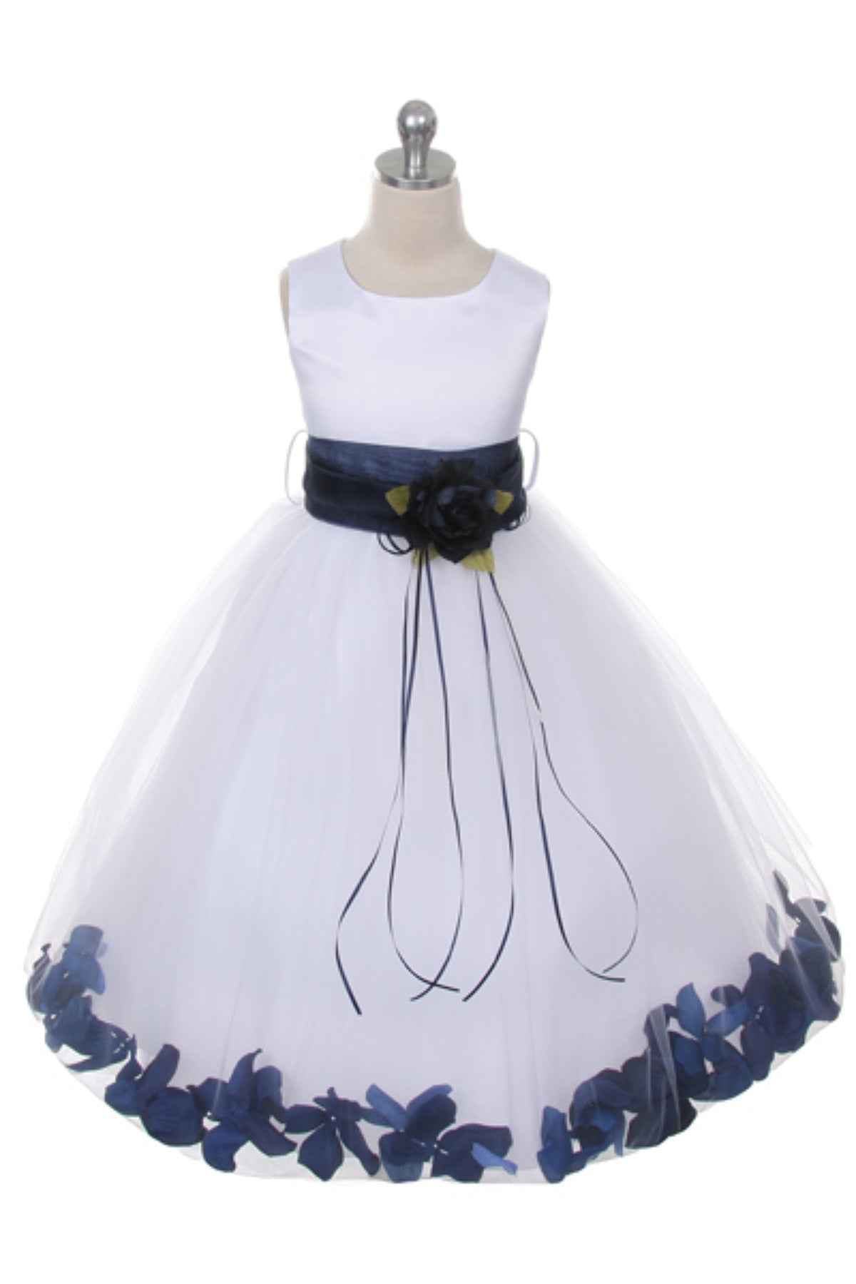 RESTOCKED White Satin Flower Petal Girl Dress 1 of 2 4 White Navy