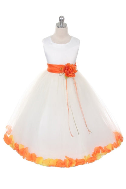 *RESTOCKED* White Satin Flower Petal Girls Plus Size Dress with Organza Sash