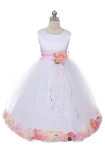 *RESTOCKED* White Satin Flower Petal Girls Plus Size Dress with Organza Sash