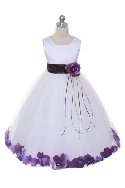 *RESTOCKED* White Satin Flower Petal Girls Plus Size Dress with Organza Sash