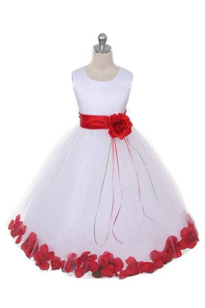 Ivory Satin Flower Petal Girls Plus Size Dress with Organza Sash