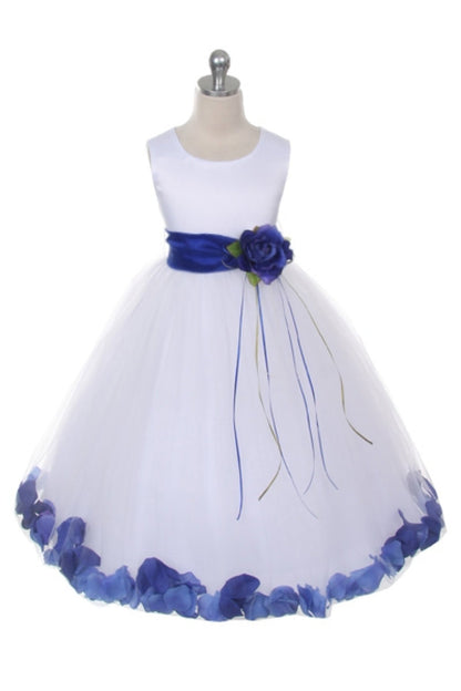 *RESTOCKED* White Satin Flower Petal Girl Dress with Organza Sash (1 of 2)