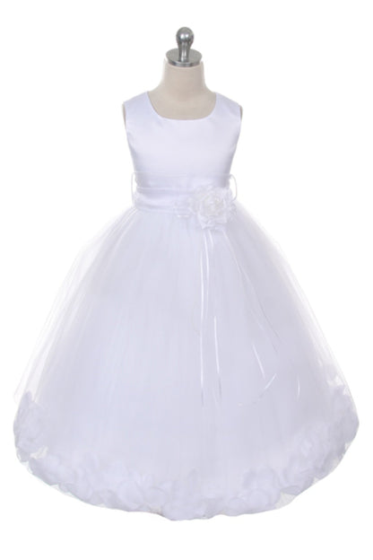 *RESTOCKED* White Satin Flower Petal Girls Plus Size Dress with Organza Sash