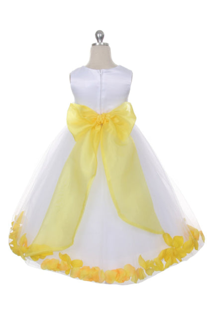 *RESTOCKED* White Satin Flower Petal Girls Plus Size Dress with Organza Sash