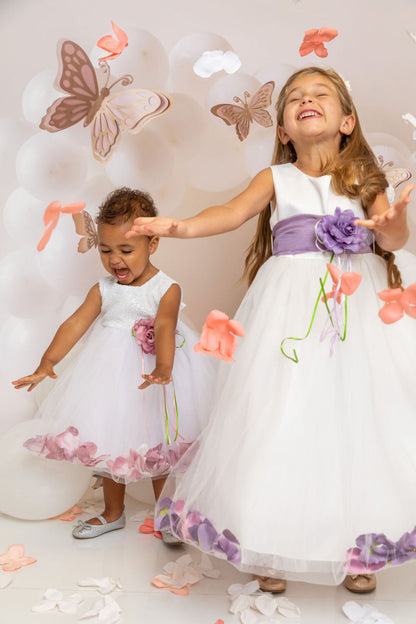 Ivory Satin Flower Petal Girls Dress with Organza Sash (2 of 2)