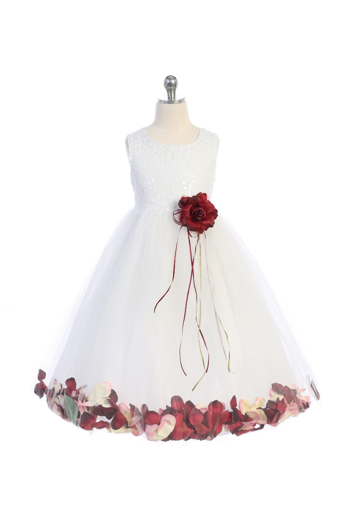 White Sequin Top Flower Petal Girls Dress 14 / Burgundy White Sequin Top Flower Petal Girls Dress 14 / Burgundy