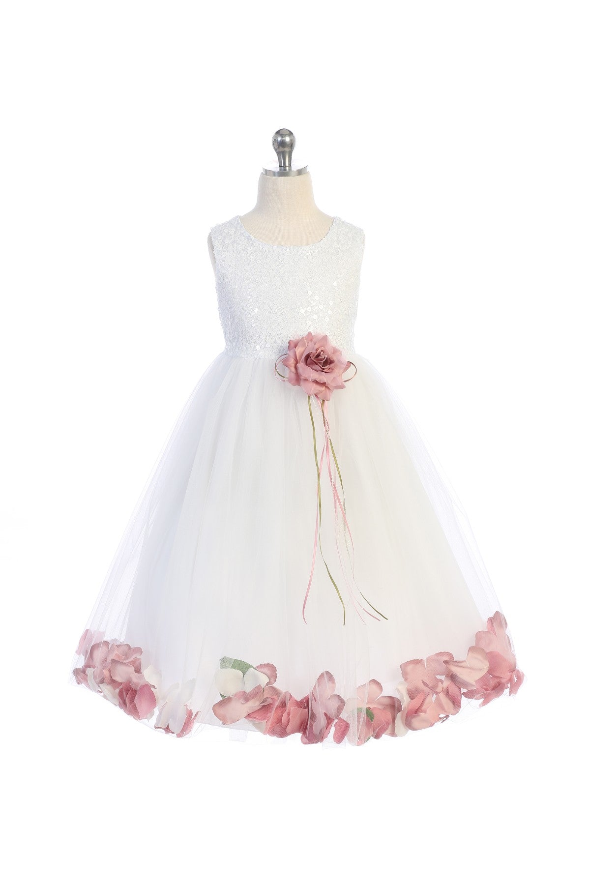 White Sequin Top Flower Petal Girls Dress 14 / Dusty Rose White Sequin Top Flower Petal Girls Dress 14 / Dusty Rose