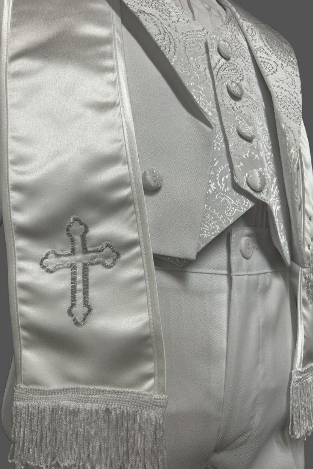 Six-Piece Tailcoat Set with Virgin Mary and Cross Accents for Boys