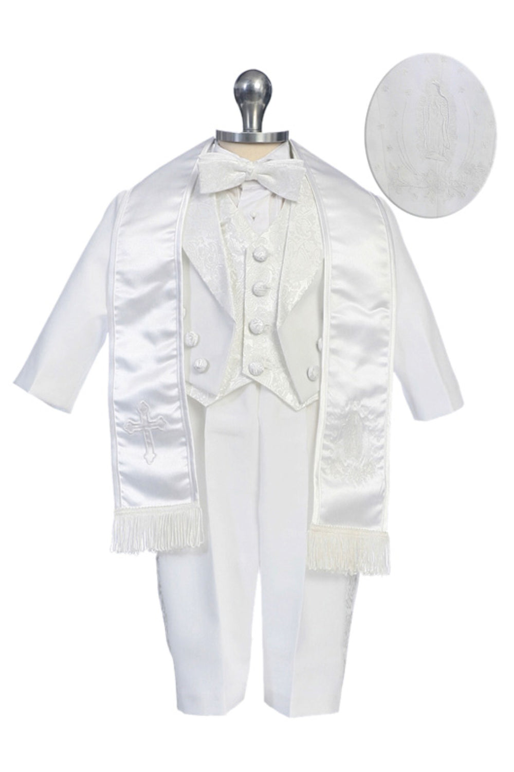 Six-Piece Tailcoat Set with Virgin Mary and Cross Accents for Boys