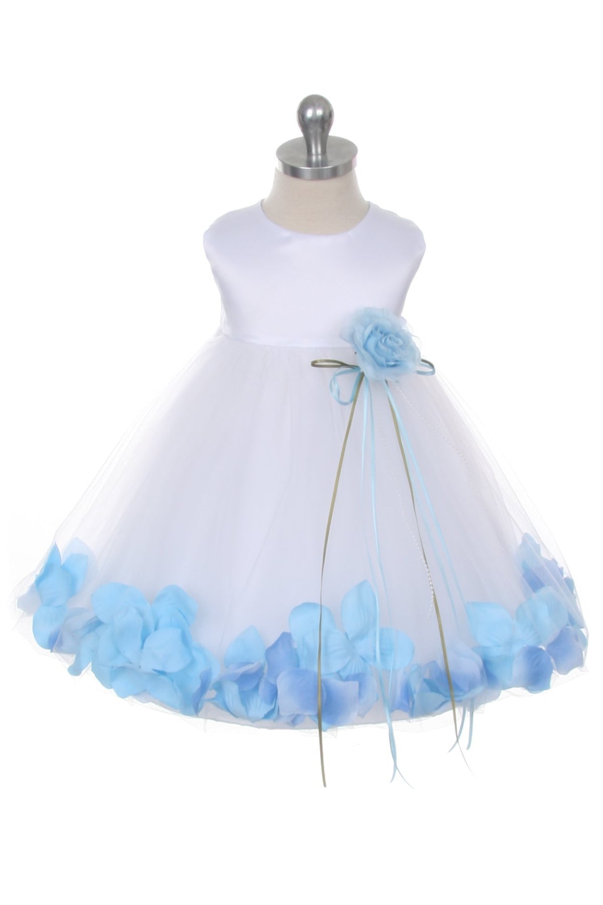 White Satin Flower Petal Baby Dress M-12M / White / Baby Blue White Satin Flower Petal Baby Dress M-12M / White / Baby Blue