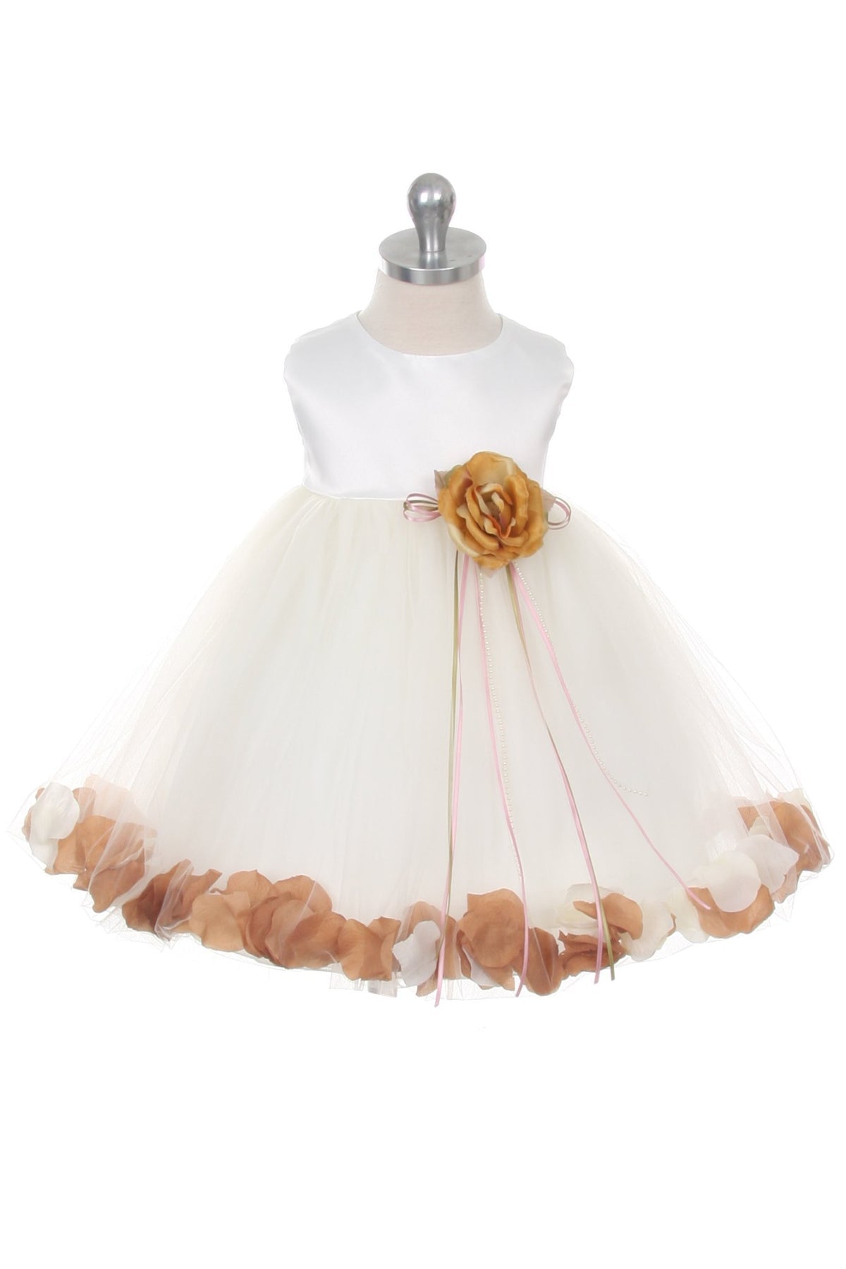 White Satin Flower Petal Baby Dress XL-24M / White / Champagne White Satin Flower Petal Baby Dress XL-24M / White / Champagne