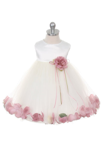 Ivory Satin Flower Petal Baby Dress with Organza Sash