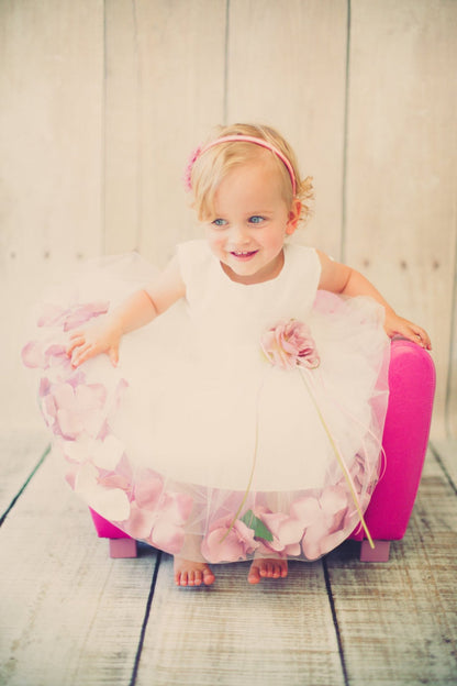 *RESTOCKED* White Satin Flower Petal Baby Dress