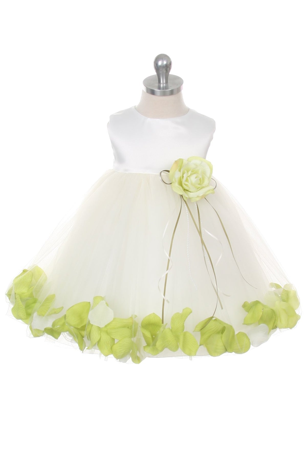 White Satin Flower Petal Baby Dress with Organza Sash S-6M / White / Lime White Satin Flower Petal Baby Dress with Organza Sash S-6M / White / Lime