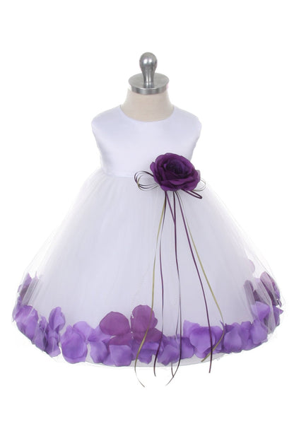 *RESTOCKED* White Satin Flower Petal Baby Dress with Organza Sash