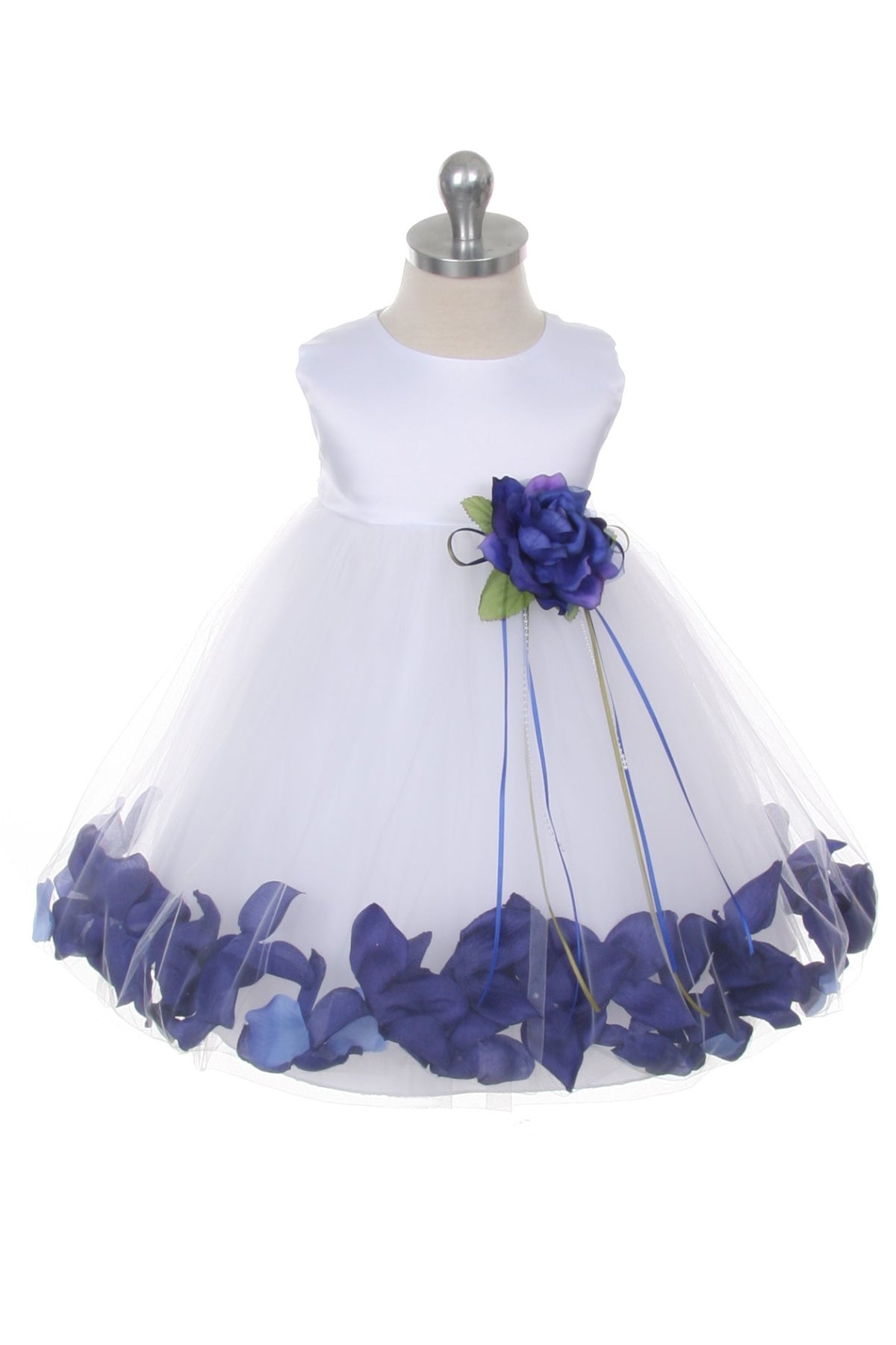 White Satin Flower Petal Baby Dress with Organza Sash M-12M / White / Royal Blue White Satin Flower Petal Baby Dress with Organza Sash M-12M / White / Royal Blue