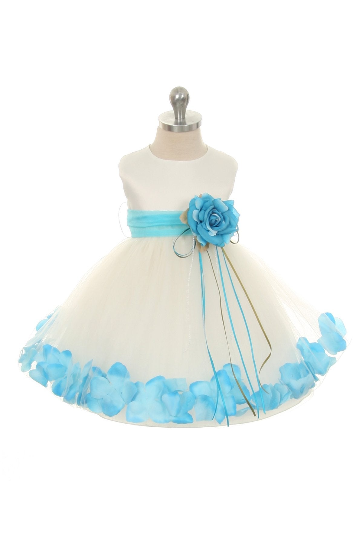 White Satin Flower Petal Baby Dress with Organza Sash XL-24M / White / Aqua White Satin Flower Petal Baby Dress with Organza Sash XL-24M / White / Aqua