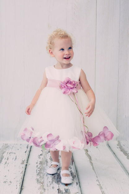 *RESTOCKED* White Satin Flower Petal Baby Dress with Organza Sash