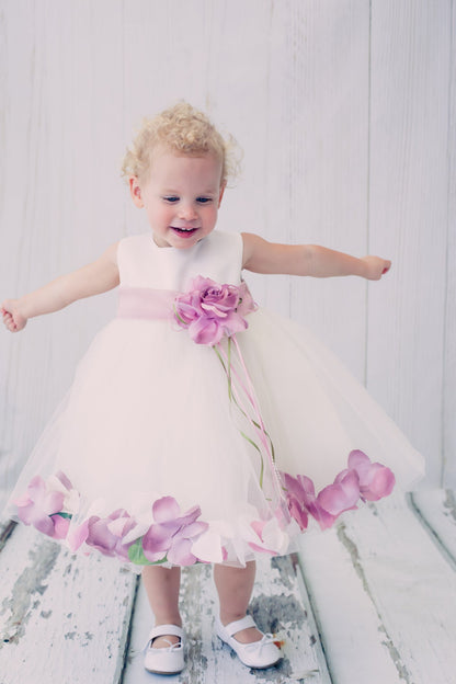 Ivory Satin Flower Petal Baby Dress with Organza Sash