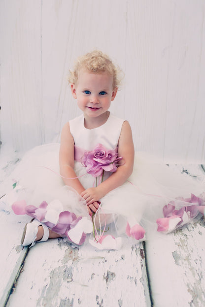 *RESTOCKED* White Satin Flower Petal Baby Dress with Organza Sash