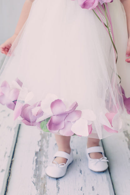 *RESTOCKED* White Satin Flower Petal Baby Dress with Organza Sash