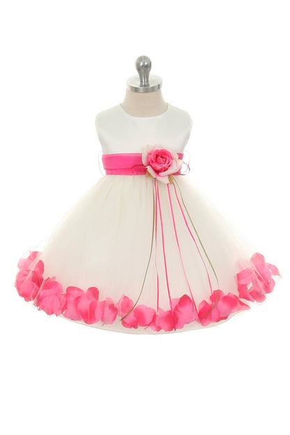 *RESTOCKED* White Satin Flower Petal Baby Dress with Organza Sash