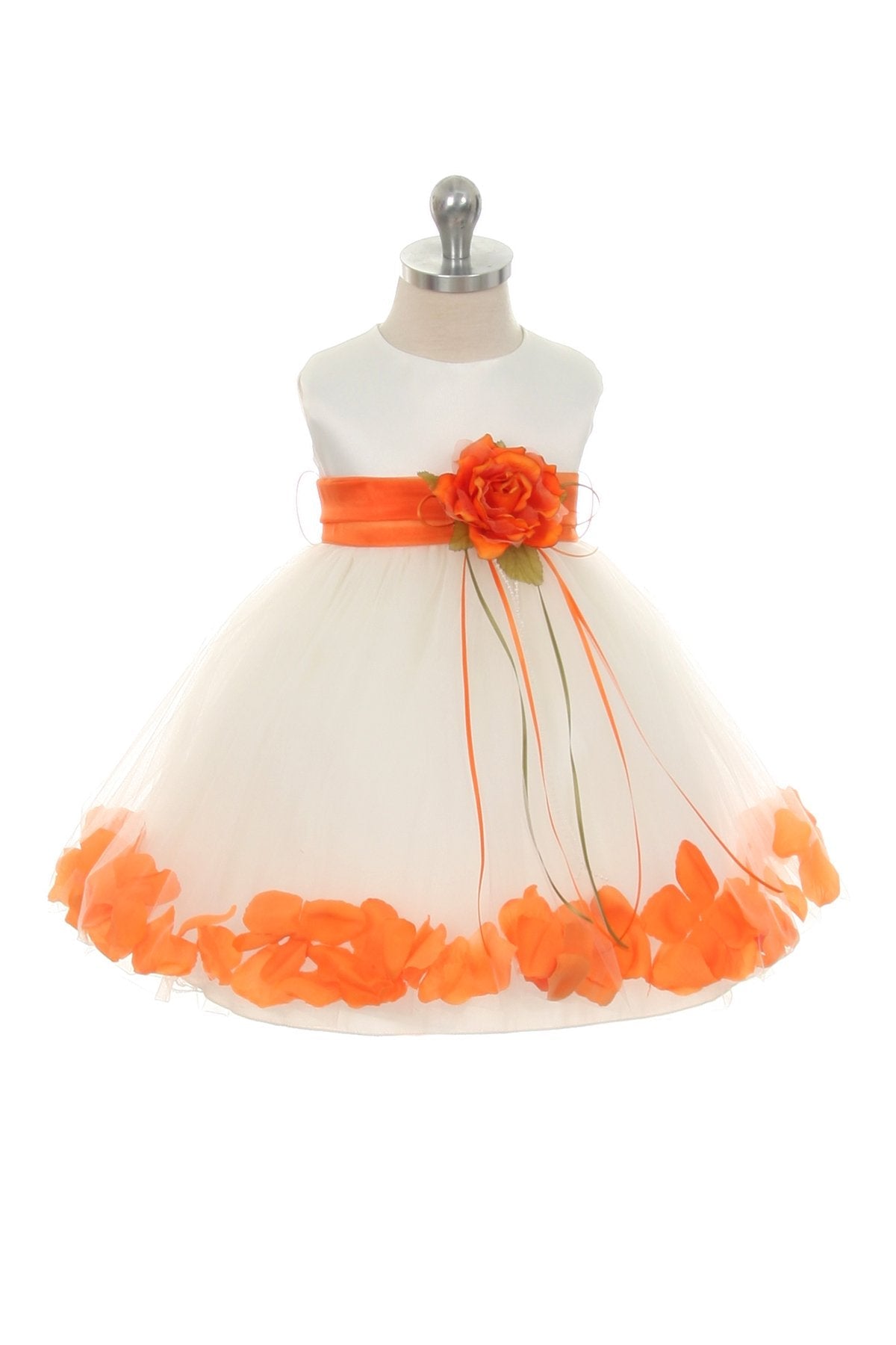 White Satin Flower Petal Baby Dress with Organza Sash XL-24M / White / Orange White Satin Flower Petal Baby Dress with Organza Sash XL-24M / White / Orange