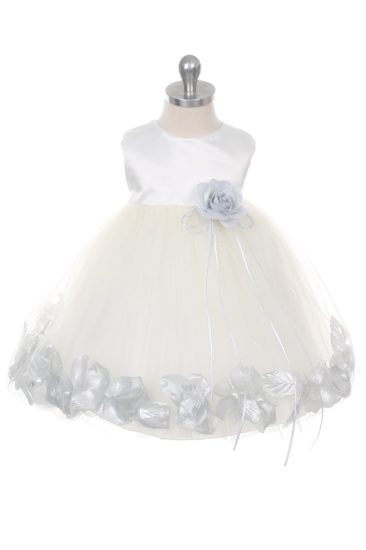 White Satin Flower Petal Baby Dress with Organza Sash