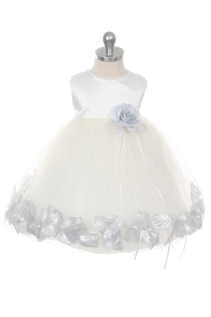 *RESTOCKED* White Satin Flower Petal Baby Dress with Organza Sash