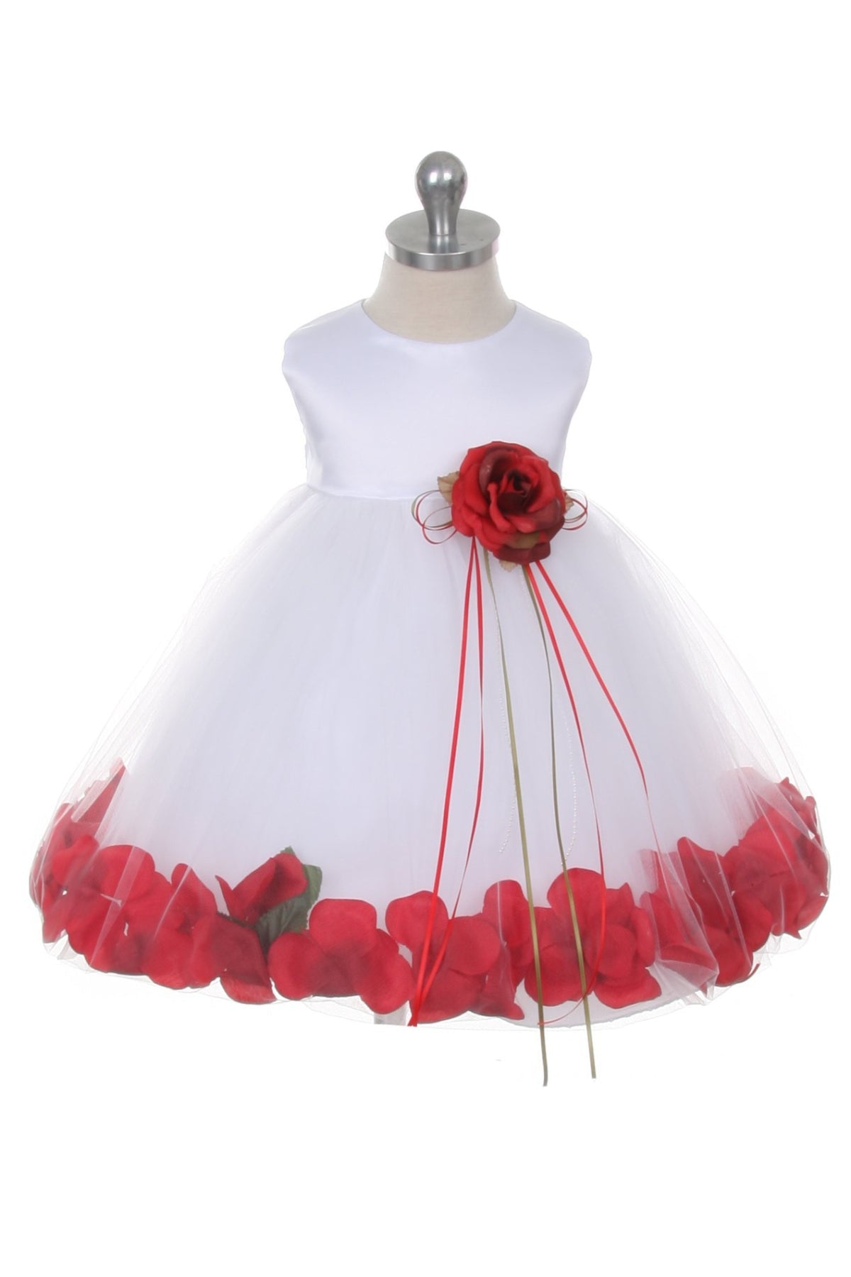 White Satin Flower Petal Baby Dress S-6M / White / Red White Satin Flower Petal Baby Dress S-6M / White / Red