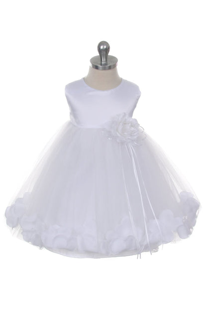 *RESTOCKED* White Satin Flower Petal Baby Dress with Organza Sash