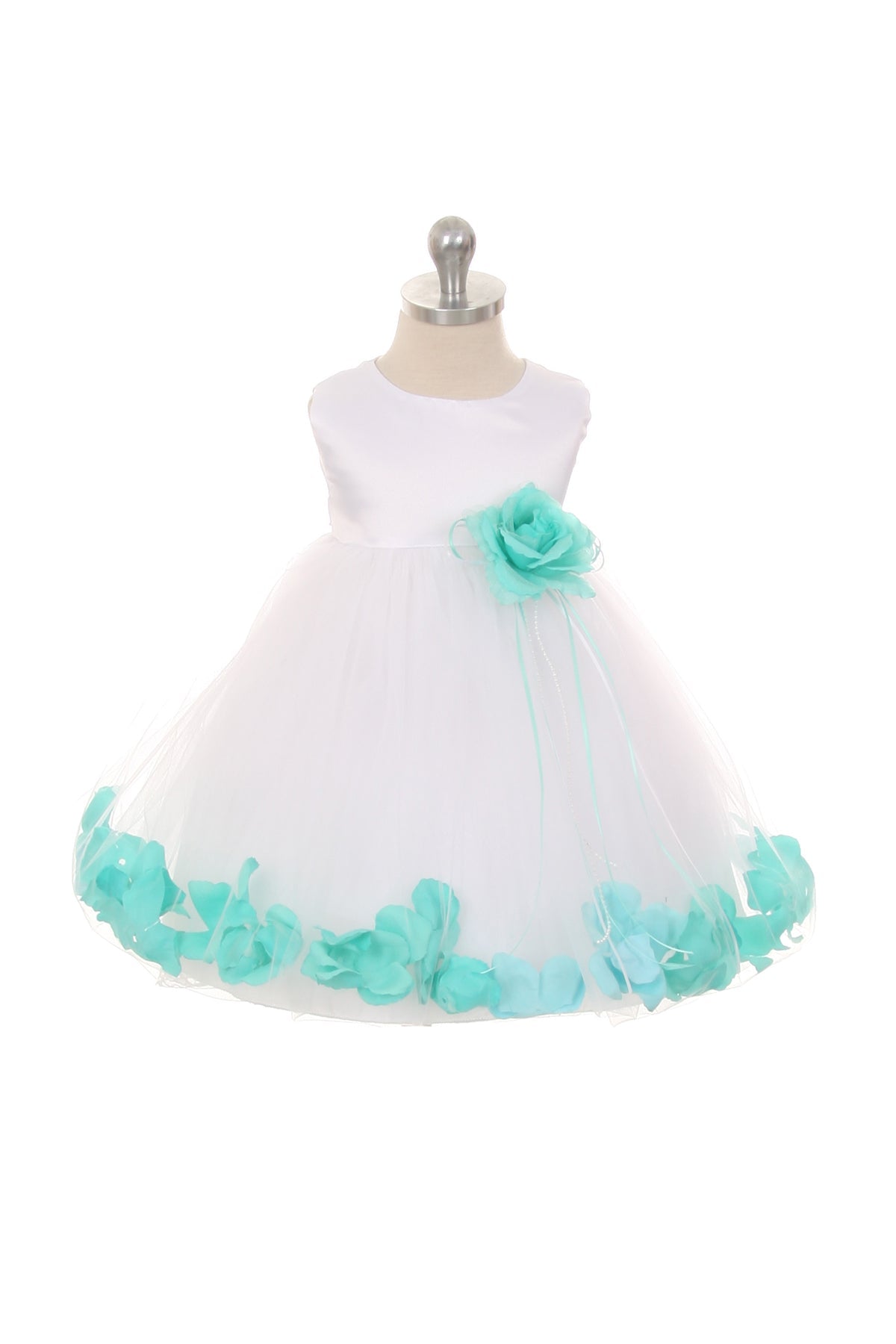 White Satin Flower Petal Baby Dress with Organza Sash XL-24M / White / Mint White Satin Flower Petal Baby Dress with Organza Sash XL-24M / White / Mint