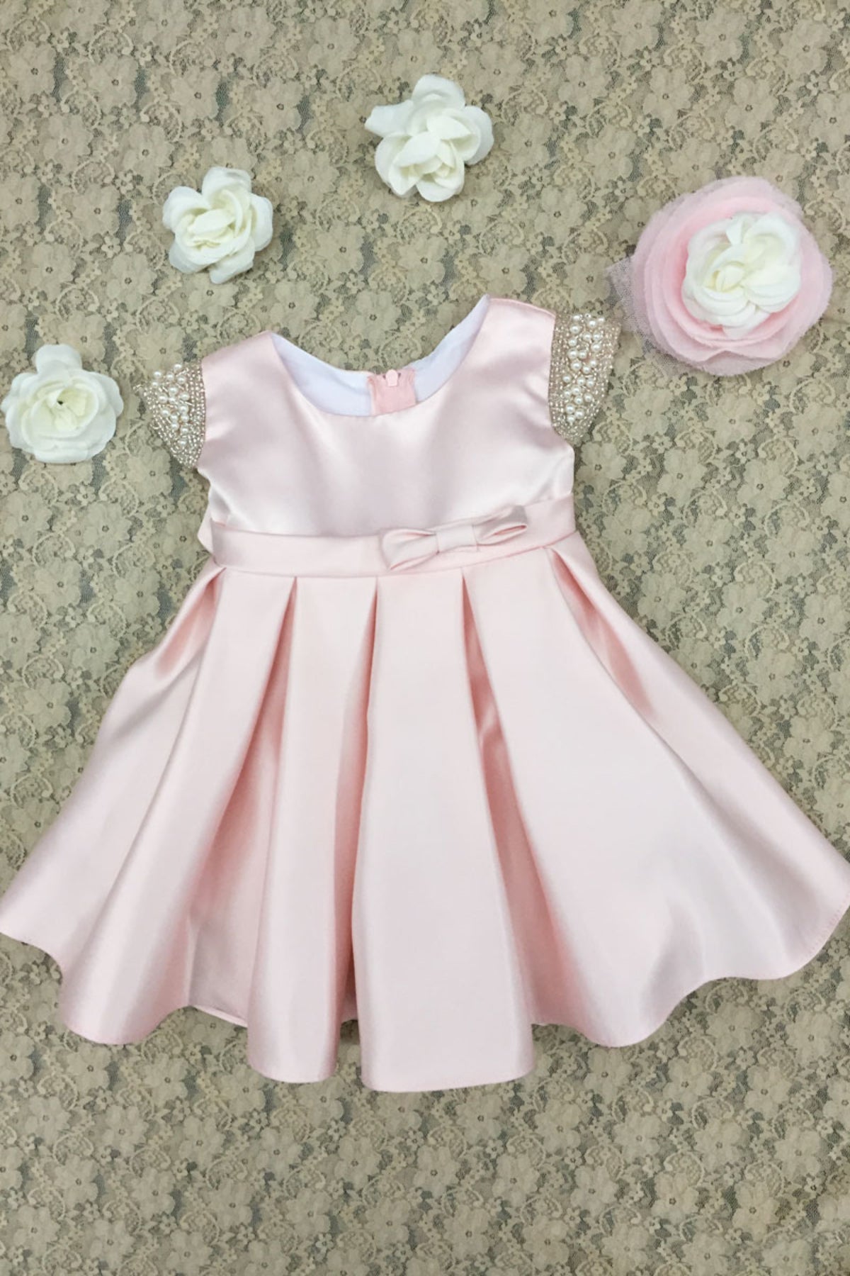Elsie Dull Satin Baby Dress with Beaded Capped Sleeves
