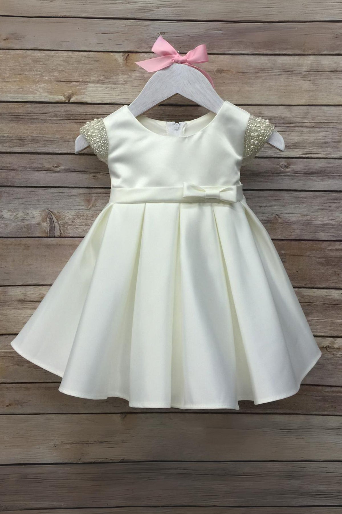 Elsie Dull Satin Baby Dress with Beaded Capped Sleeves