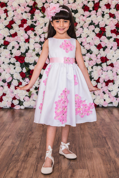 Shantung Girls Dress Decorated with Flower Petals