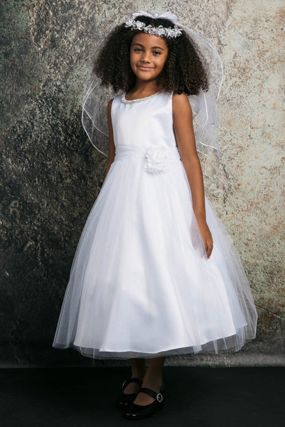 Amanda Satin & Tulle Girls Dress with Rhinestone Neckline & Flower Sash with Plus Size