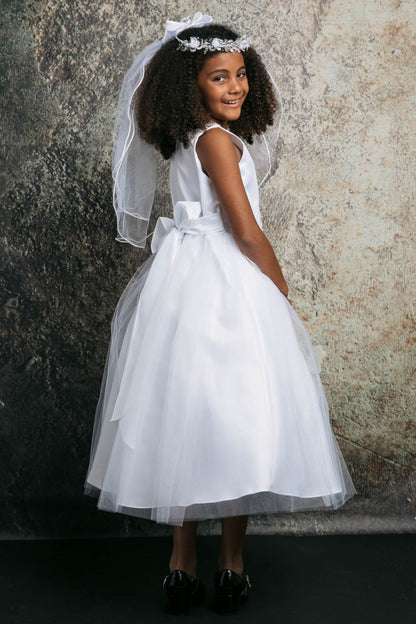 Amanda Satin & Tulle Girls Dress with Rhinestone Neckline & Flower Sash with Plus Size