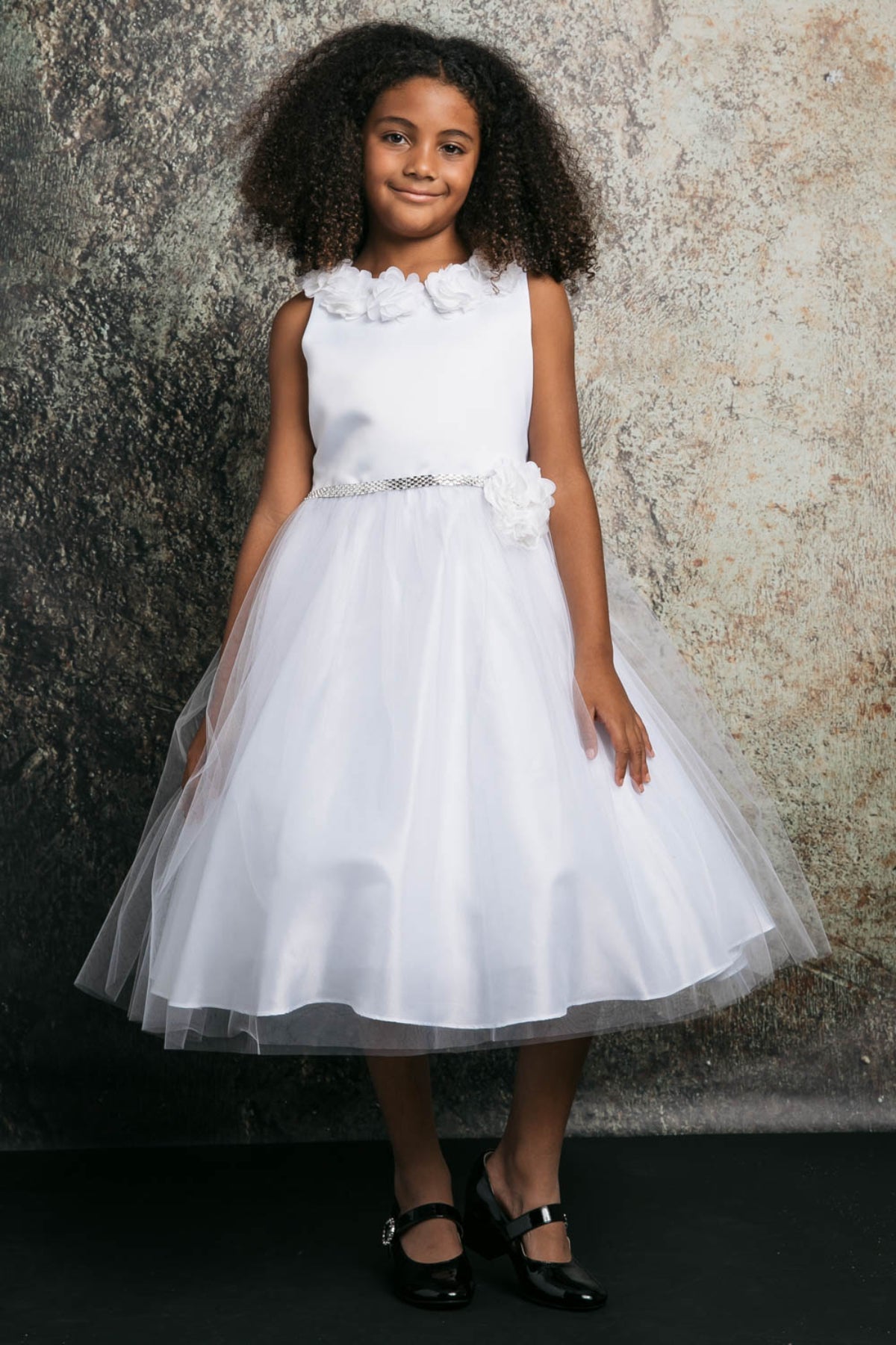 Maya Satin & Tulle Girls Dress with 3D Flowers and Crystal Belt