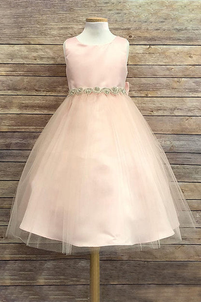 Abigail Satin & Tulle Girls Dress with Swirl Rhinestone Belt and Plus Size