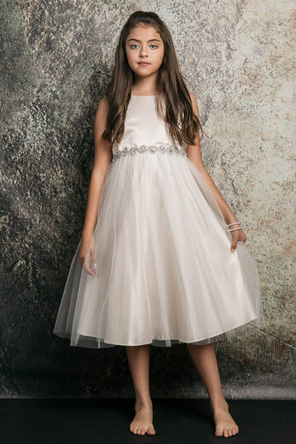 Abigail Satin & Tulle Girls Dress with Swirl Rhinestone Belt and Plus Size