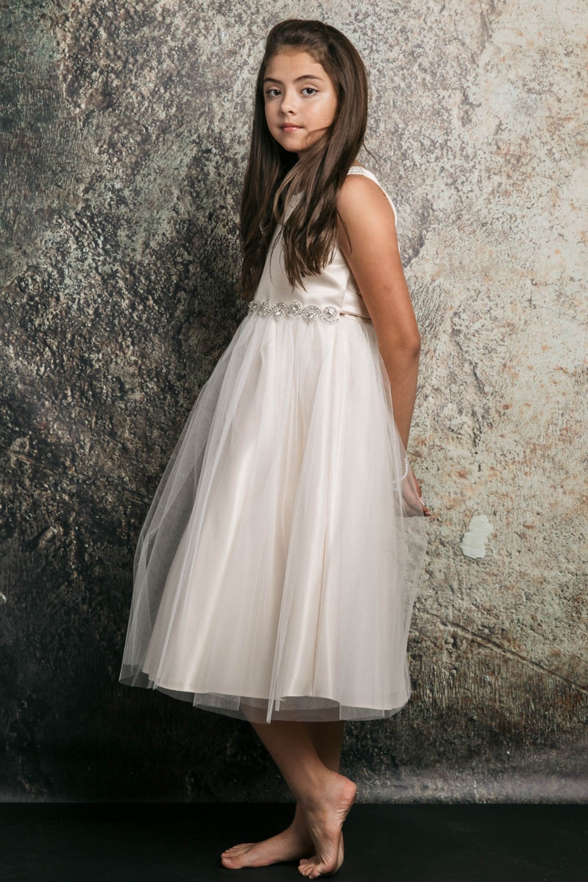 Abigail Satin & Tulle Girls Dress with Swirl Rhinestone Belt and Plus Size