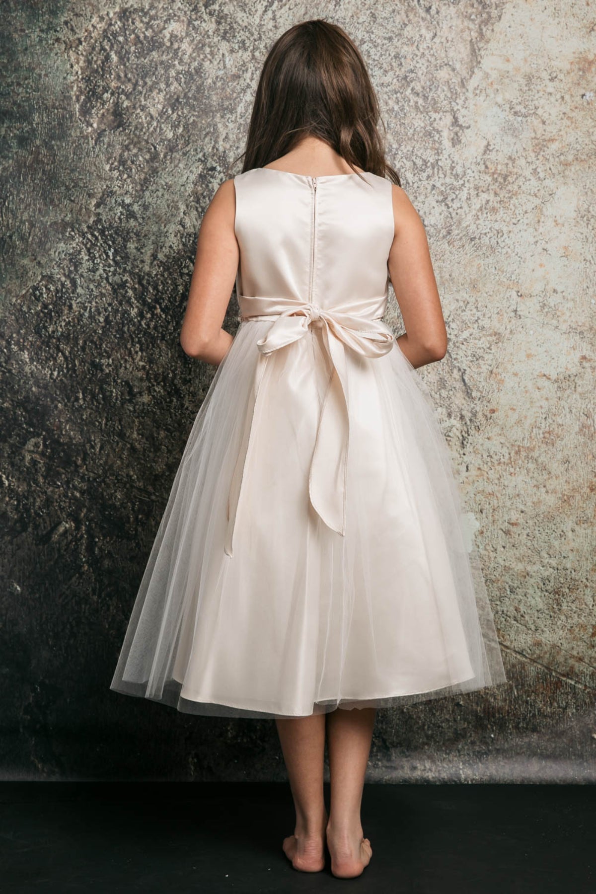 Abigail Satin & Tulle Girls Dress with Swirl Rhinestone Belt and Plus Size
