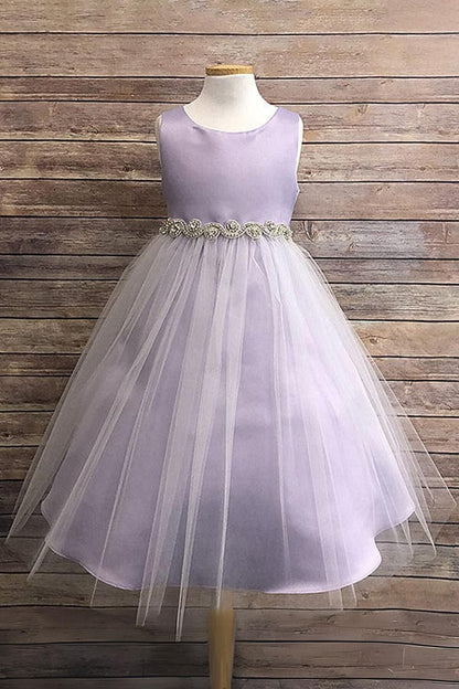 Abigail Satin & Tulle Girls Dress with Swirl Rhinestone Belt and Plus Size