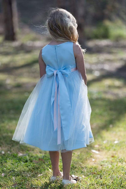 Rossybell Satin & Tulle Girls Dress with Satin Sash & Flower and Plus Size